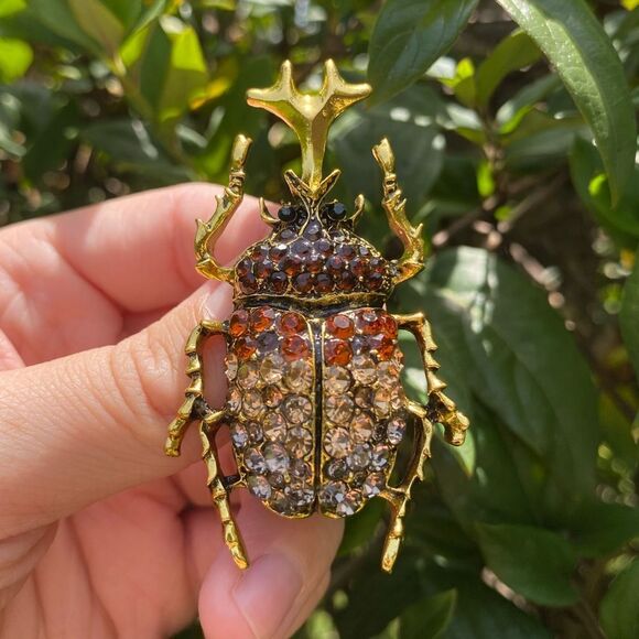 Vintage Inspired Beetle Brooch, Rhinestone Accent, Gold Tone, Statement … - Picture 4 of 6